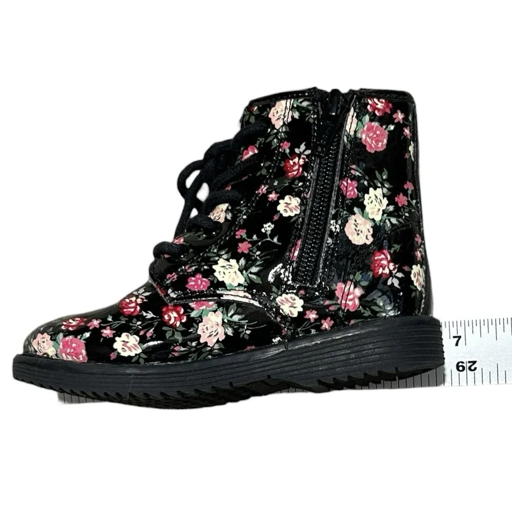 The CHILDREN'S PLACE Combat Boots Toddler sz 7 Black w/ Pink Flowers Moto Boho